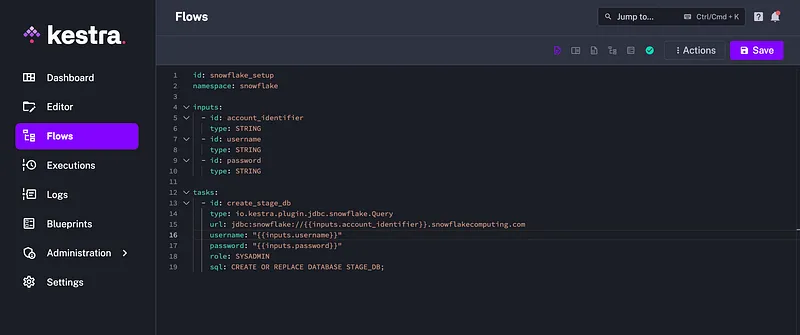 Kestra flow YAML editor